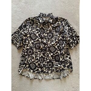Next Womens Black Cream Floral Abstract Button Down Shirt Short Sleeve Size M